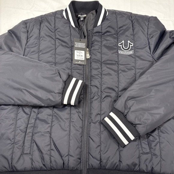 JACKET PUFFER True Religion MENS LRG BOMBER QUILTED COAT WHT TRIM NWT 107823 - Picture 2 of 14